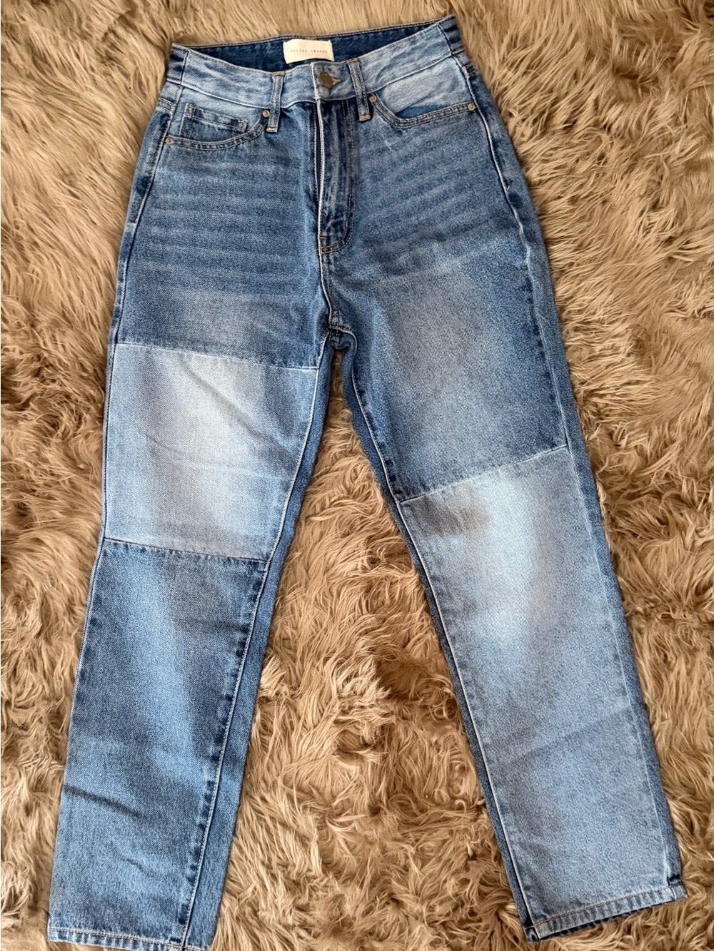Gilded Intent Patchwork Light and Medium Blue Straight Leg Jeans Size 25